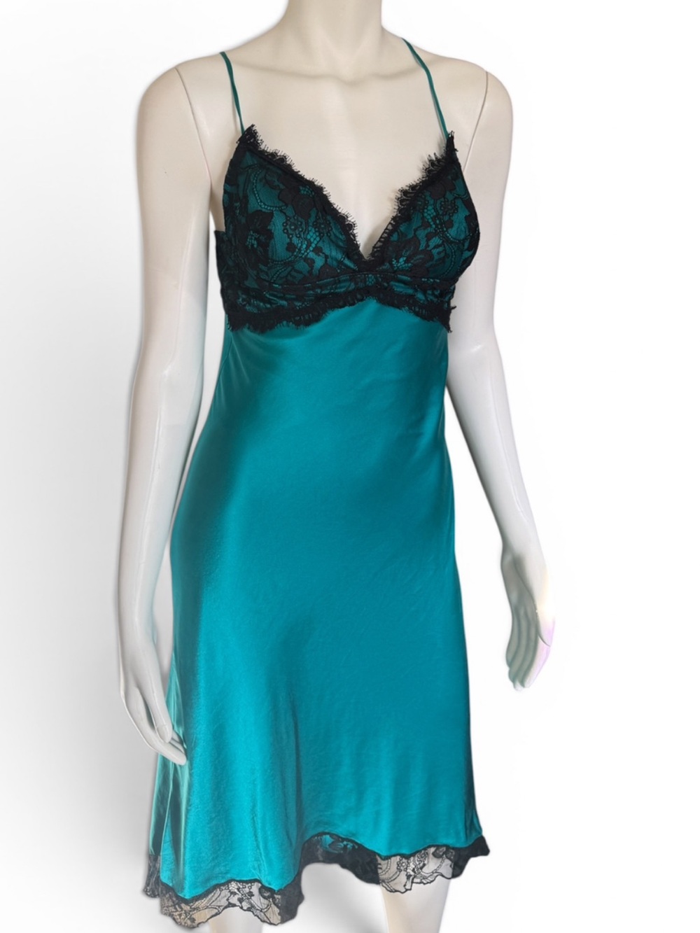 Cache Teal Satin Slip Dress Black Lace Open Back Y2K Size 2